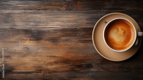 A cup of coffee on wooden tray with copy space. 