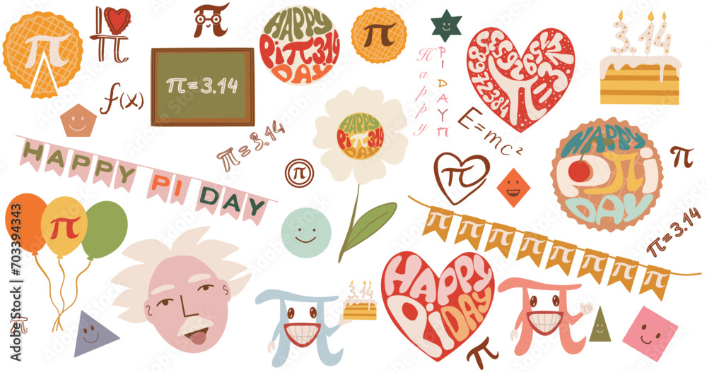 Happy pi day set mathematics lettering and characters, decoration 14 March vector illustration Happy pi day set mathematics lettering and characters, decoration 14 March vector illustration