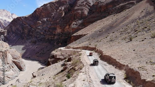 Drone footage of 4x4 SUV Cars Off-roading in Ladakh, India photo