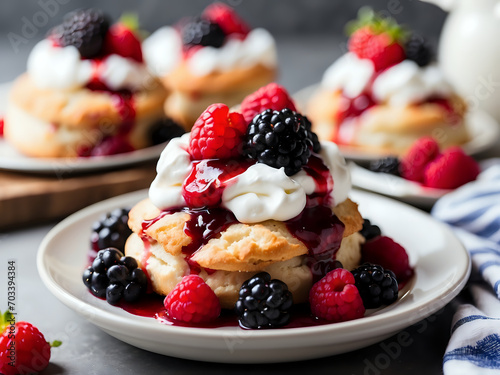 Freshly baked biscuits topped with a burst of colorful berry compote and a dollop of whipped cream.