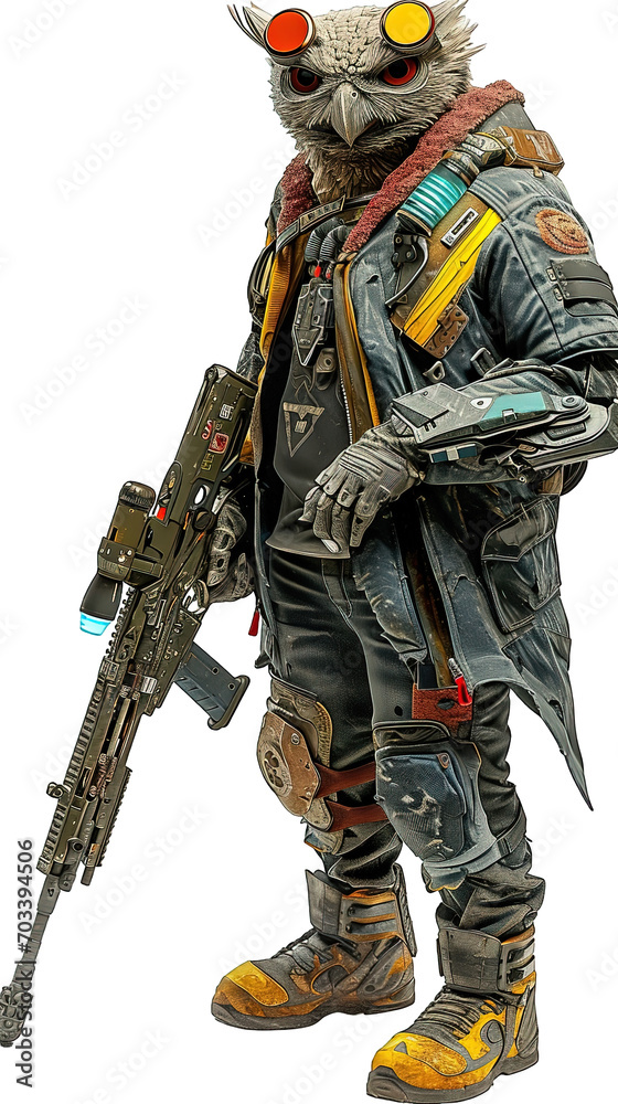 Obraz premium anthropomorphic owl with hoodie futuristic and rifle
