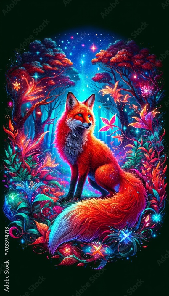 Bright Fantasy Red Fox Animal Portrait in Neon Light Magic Forest Scene Bright Vivid Colorful Digital Generated Illustration