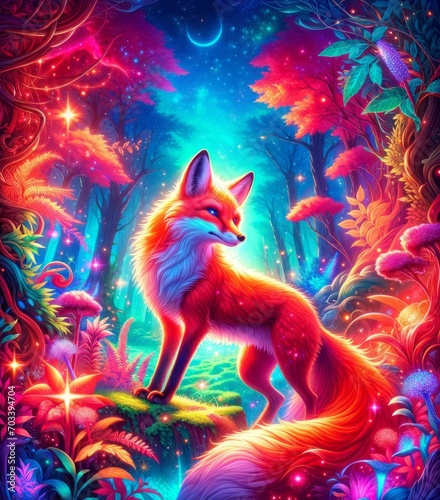 Bright Fantasy Red Fox Animal Portrait in Neon Light Magic Forest Scene Bright Vivid Colorful Digital Generated Illustration © Artificial Ambience