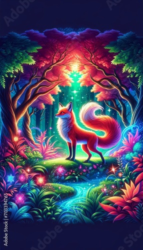 Bright Fantasy Red Fox Animal Portrait in Neon Light Magic Forest Scene Bright Vivid Colorful Digital Generated Illustration © Artificial Ambience