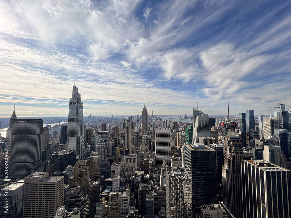 Aerial panoramic view of New-York city Manhattan skyline Empire State Building and One world trade center skyscraper, from top of the rock