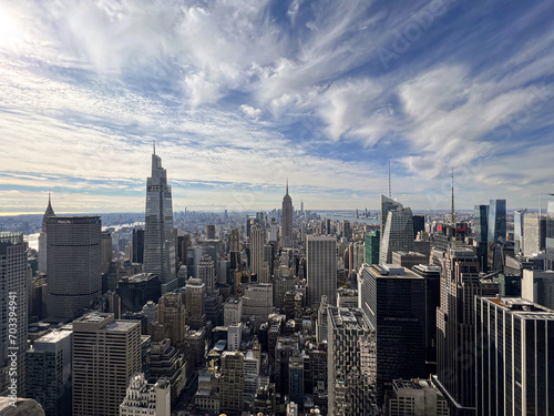 Aerial panoramic view of New-York city Manhattan skyline Empire State Building and One world trade center skyscraper, from top of the rock