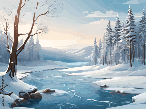 "Generate a visually captivating vector artwork portraying a tranquil winter scene with a snow-covered forest and a meandering unfrozen river. Pay attention to the intricate details of frost-covered t