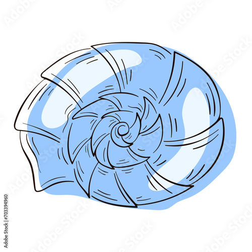 Seashell nautilus in line art style. Undersea, underwater logo for sea food shop, restaurant and package. Vector illustration isolated on a white background.