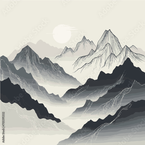 
Mountain Wave Line Art Print. Abstract Vector Illustrations featuring Modern Aesthetic Backdrops Spotlighting Breathtaking Mountain Views.