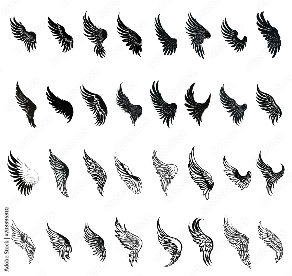 set of silhouette of wings. outline of angel wing art line tattoo.