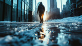 A person walking in a frozen city street.