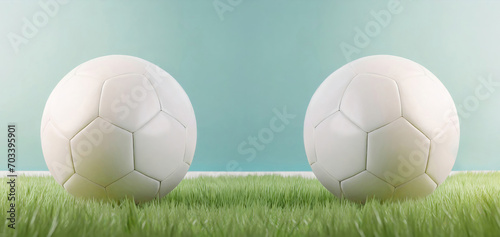 Two white football balls placed against each other on the green grass. Soccer scoreline symbols with copy space for match announcements. Tournament rivalry