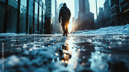 A person walking in a frozen city street. © Andrea Raffin