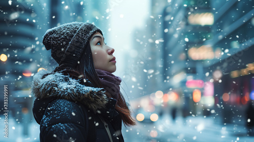 A woman looking a big snowfall on a modern city.  photo