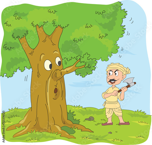 Man trying to cut a tree with an axe while looking fiercely at the tree