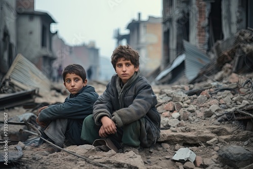 A boys sitting sad face on the building ruins after war or bombing.