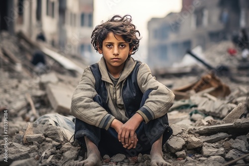 Poor teenager in a destroyed and abandoned building. Boy are in dirty clothes after an earthquake or war.