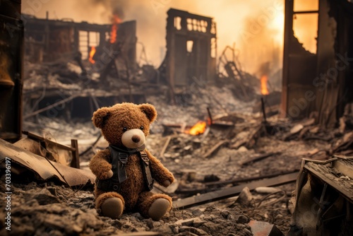 Lonely survivor: A teddy bear stands alone amidst the ruins of a house, a poignant image of resilience in the face of destruction.
