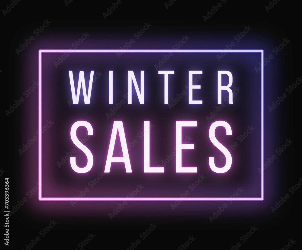Winter sales banner neon pink and purple text on dark background 