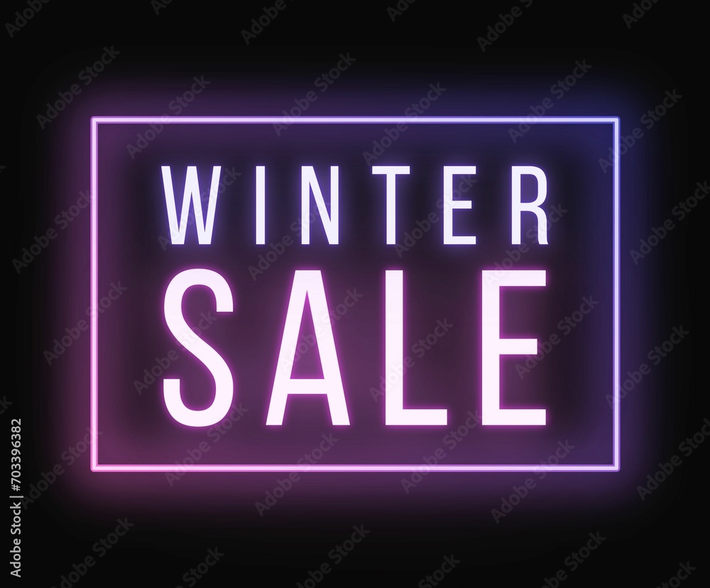 Winter sales banner neon pink and purple text on dark background Winter sales banner neon pink and purple text on dark background