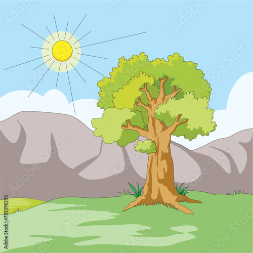 Nature view with mountains, tree and sun