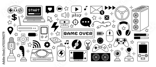 Video game. Doodle joystick icon. Retro videogame gadgets. Control gamepad. Console and laptop. Computer technology. Microphone and headset. Tetris arcade play. PC devices. Vector vintage tidy set