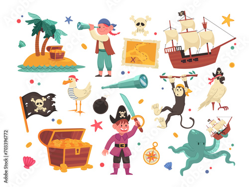 Treasure hunting pirates. Adventure of kids, sea animals, child in costume, captain on ship with black flag. Vector cartoon flat isolated illustration character of sailor, cute seagull and octopus