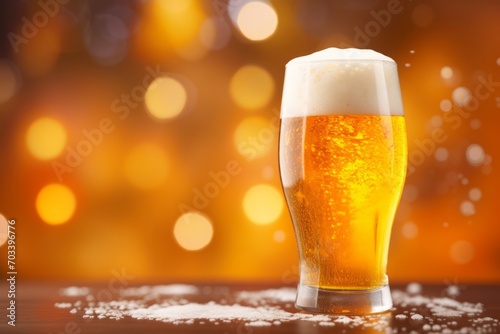 Sparkling beer with frothy head against a warm bokeh backdrop, perfect for festive or beverage themes.
