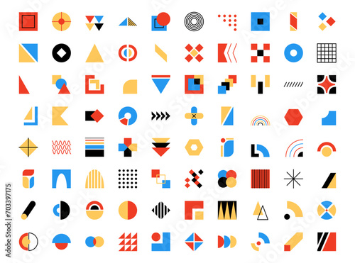Geometric Bauhaus. Form circle Memphis, basic Brutalism isolated colorful elements, pattern abstract, business design grid, square plus triangle shapes, logo icon. Vector texture garish illustration
