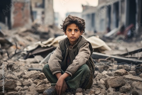 A boy, resilient in the face of destruction, embody the stark reality of life after a bombing incident.