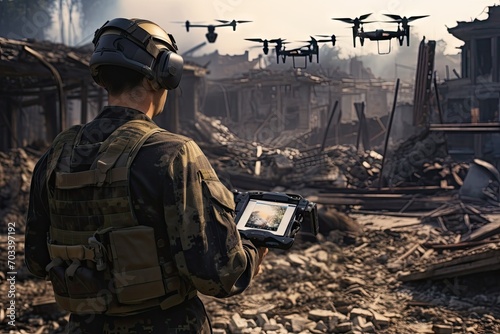 Soldier in the aftermath: A drone pilot maneuvers through the ruins of a town, utilizing technology to assess the damage after war.