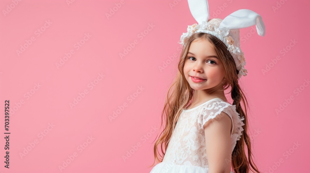 A smiling young girl with curly hair wearing bunny ears and a white dress stands against a pink background, exuding cheerfulness and charm.