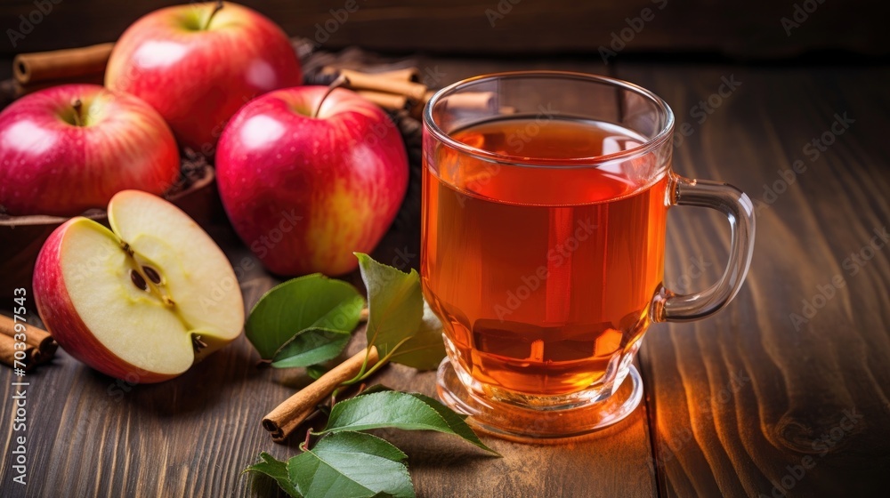 Bottles and glasses of apple cider are displayed on a rustic wooden table surrounded by apple orchards in the golden sunlight. Bottles and glasses of apple cider are displayed on a rustic wooden table surrounded by apple orchards in the golden sunlight.