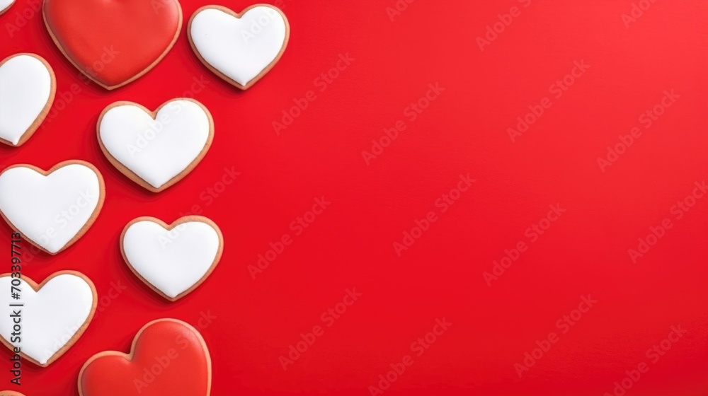 Heart-shaped cookies with red and white icing are neatly arranged along the edge of a vibrant red background, leaving space for text or design elements.