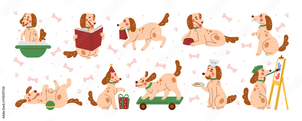 Dog work home. Puppy funny animal at office. remote workers stickers, desk smart, reading book, freelance life, pet playing and drawing on white background. Vector cartoon flat isolated illustration