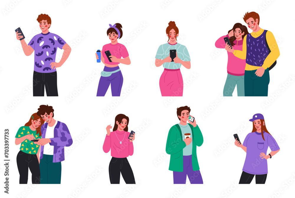 People hold phones. Women and men using smartphones, smart cell, video call and chat, taking selfie and watching photo, character play mobile games, young happy characters app vector flat tidy cartoon