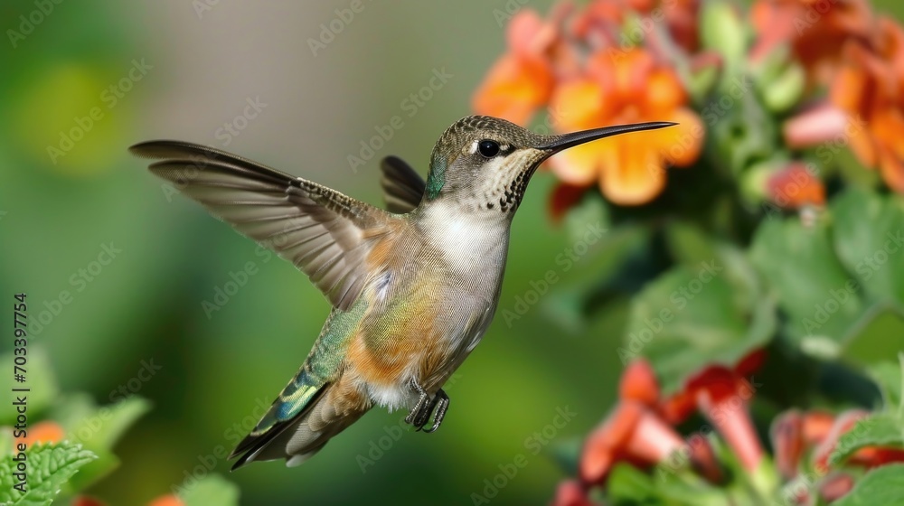 Fototapeta premium A hummingbird hovers mid-air, feeding from vibrant orange flowers. The bird's wings are a blur of motion, and its iridescent feathers glint in the sunlight.