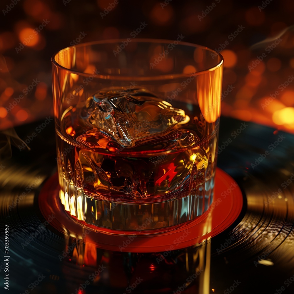 Whiskey on the rocks with ice cubes on the background of the old vinyl record.