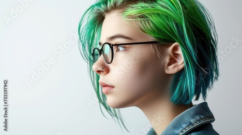 Profile view of a young person with short green hair and glasses, looking to the side, with a nose piercing. photo