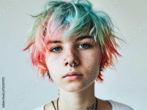 Portrait of a young person with rainbow-colored hair and a nose ring, looking pensively to the side