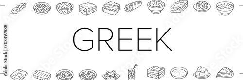 greek cuisine food lunch icons set vector. salad dinner, meal mediterranean, plate greece, healthy fresh, dish, appetizer feta greek cuisine food lunch black line illustrations