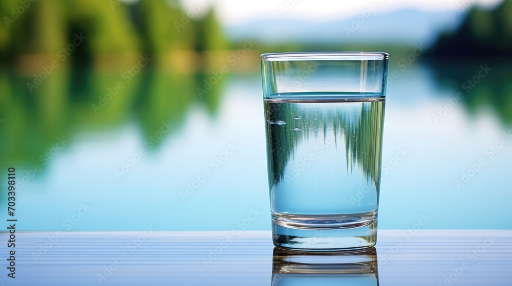 A clear glass of water set on a reflective surface with a serene lake and green trees blurred in the background. A clear glass of water set on a reflective surface with a serene lake and green trees blurred in the background.