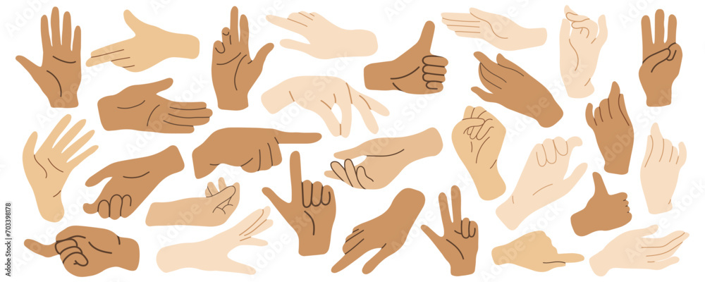 Set of hands in doodle style isolated human hands. Man's hand. Woman's hand. Vector different hand positions