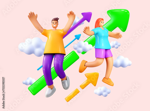 3D arrow people. Business growth and development. Trade rise up icon. Graphic sale chart. Render happy man and woman fly. Stock exchange market graph index. Joyful couple in clouds. Vector background