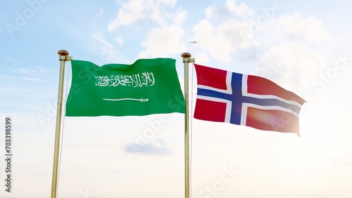 Norway and Saudi Arabia flags waving against a blue sky. 4K ULTRA HD.  photo