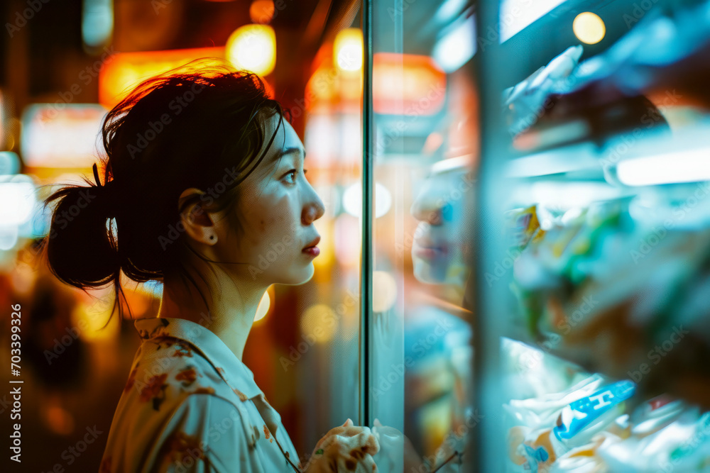 Woman browsing in city night, vibrant urban backdrop, reflective contemplation. Woman browsing in city night, vibrant urban backdrop, reflective contemplation.