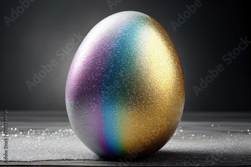 Colorful easter egg with glitter on black background. Happy Easter. Generative AI