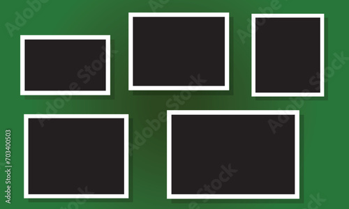 Set of empty photo frames compositions. Realistic vector mockups. Retro photo frames with shadow isolated on green background. EPS 10.