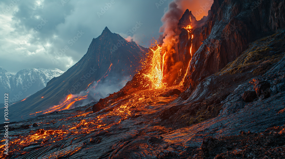 Fototapeta premium Surreal depiction of a volcano eruption, emphasizing the fiery lava and smoky atmosphere. Use bold colors and dramatic lighting