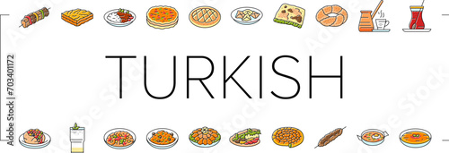 turkish cuisine food meal icons set vector. dinner traditional, dish arab, delicious table, gourmet arabian, meze, plate turkish cuisine food meal color line illustrations